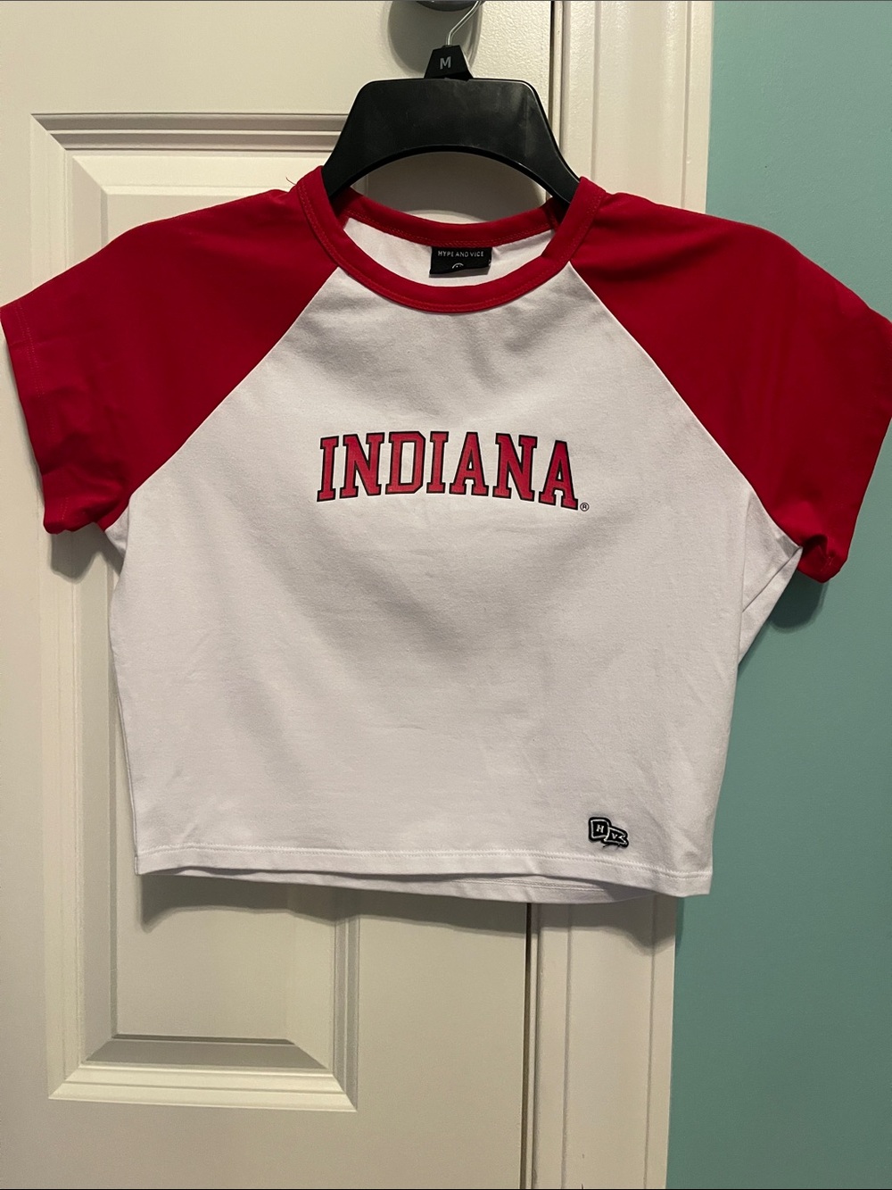 Indiana Raglan Crop Tee in White and Red